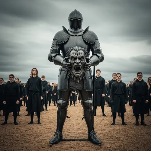 Black Iron Knight Defeating Monster - Symbol of Courage