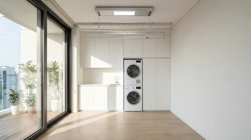 Modern Bright Laundry Room with Balcony & Drying Rack