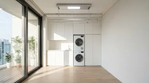 Modern Bright Laundry Room with Balcony & Drying Rack