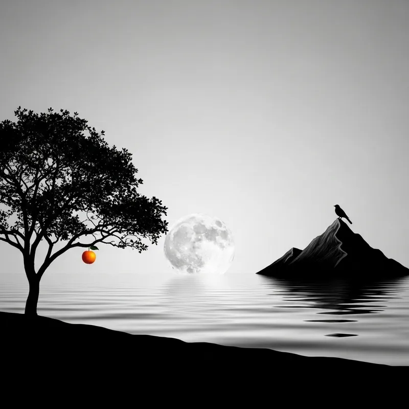 Dream in Minimalistic Style: Serene Moon, Lonely Tree, Bird Silhouette