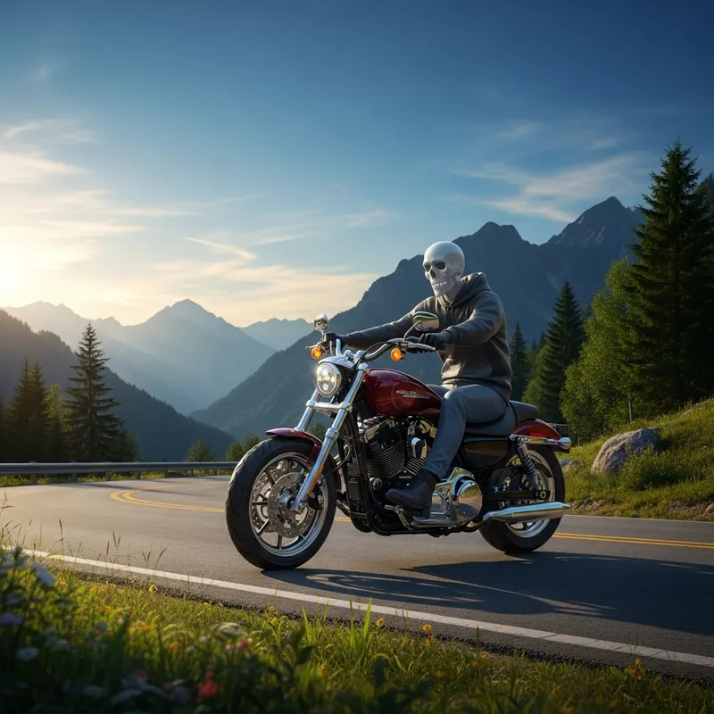 Spirit on Maroon Harley: Last Ride in Mountain Serenity Spirit on Maroon Harley: Last Ride in Mountain Serenity