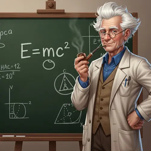Elder Male Scientist with Fluffy White Hair and Pipe | Famous Equation Illustration