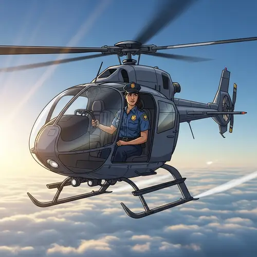 Hispanic Female Police Officer Flying Modern Helicopter in the Sky