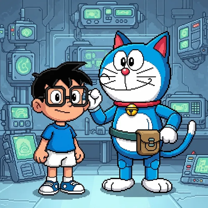 Nobita and Doraemon: Pixelated Cartoon Characters in Futuristic World