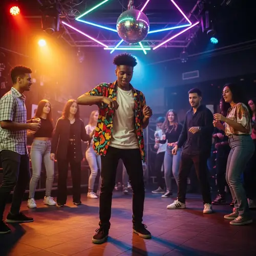 Vibrant Afro-Caribbean Boy Dancing in Lively Club