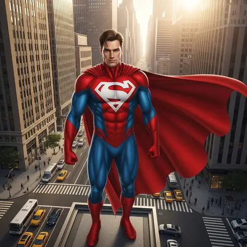 Superhero Overseeing the City at Sunset