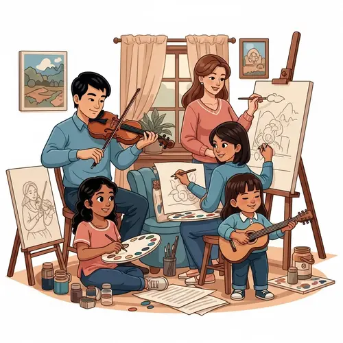 Creative Family Scene with Musical Instruments and Art Supplies