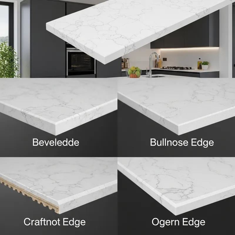 Quartz Worktop Edges: Bevelled, Bullnose, Ogee Detailing | Craftsmanship & Texture Differences Quartz Worktop Edges: Bevelled, Bullnose, Ogee Detailing | Craftsmanship & Texture Differences