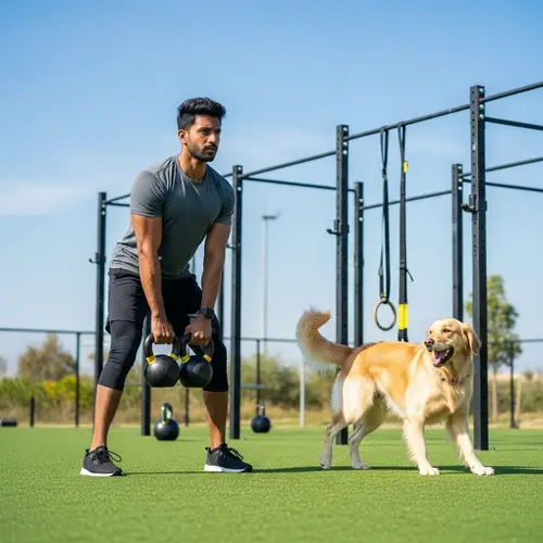 South Asian Male Crossfitter and Dog Outdoor Workout
