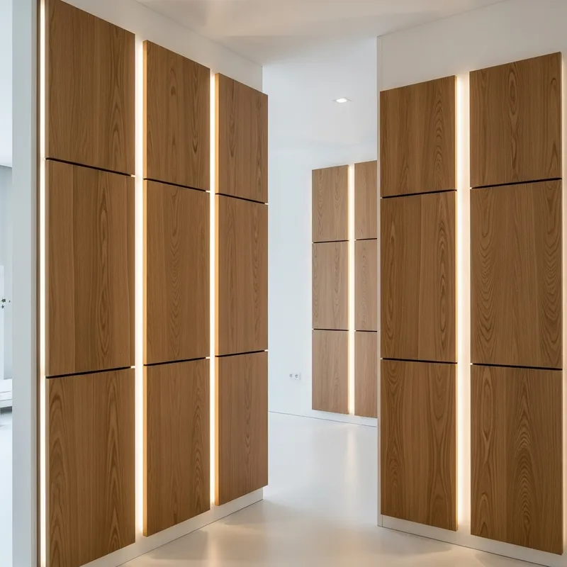 Stylish Oak Wood Veneer 3D Wall Panels with Backlight in Modern White Interior