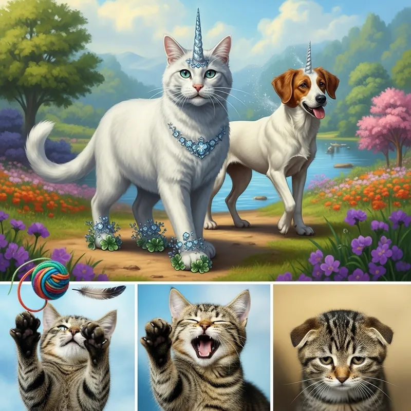 Magical Feline Unicorn and Playful Canine in Mythical Scene