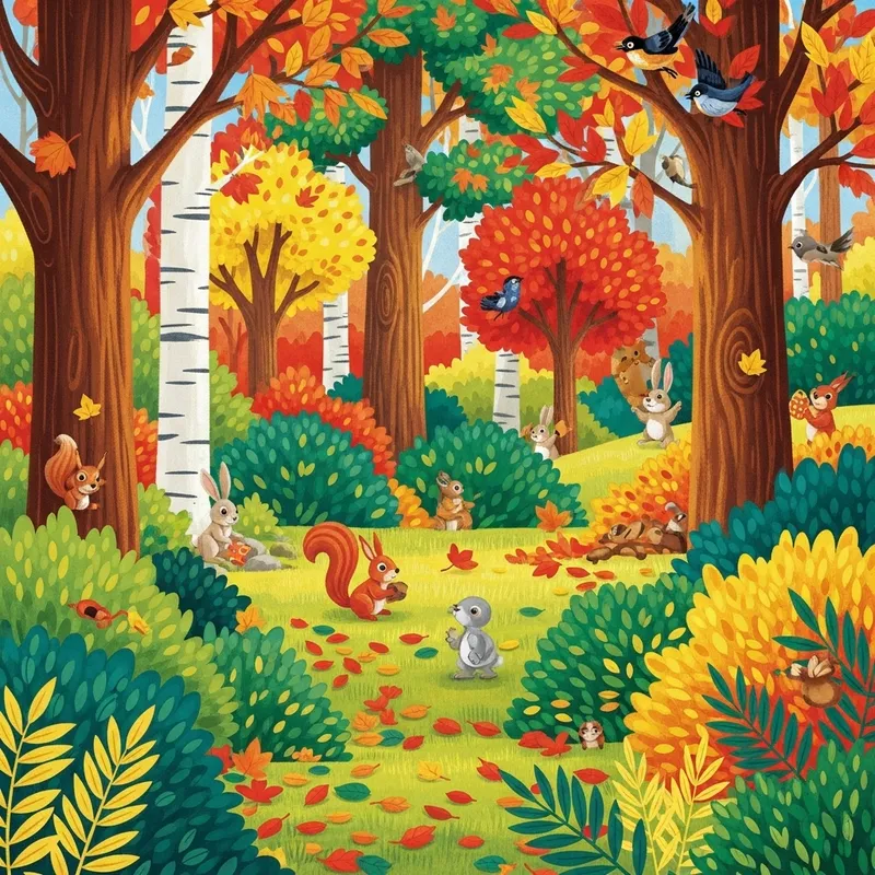 Colorful Forest Illustration for Pre-Kindergarten with Red, Green, Yellow, and Orange
