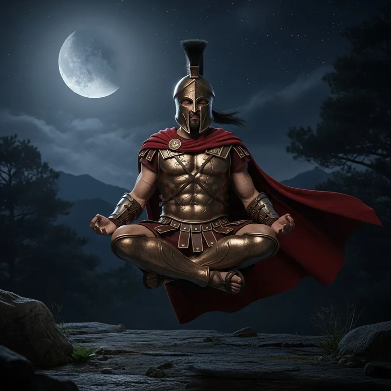 Spartan Warrior Levitating in Lotus Position Under Moonlit Night