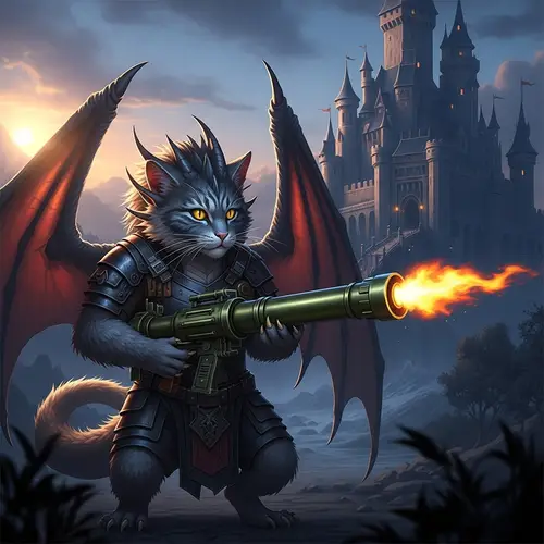 Majestic Dragon-Cat with Bazooka | Mythical Creature Art