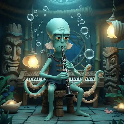 Teal Anthropomorphic Cephalopod in Tiki-Inspired Underwater Home