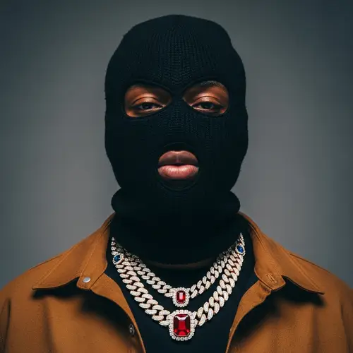 Man Wearing Black Ski Mask and Brown Jacket with Red and Blue Jewels