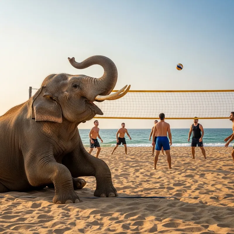 Beach Scene: Elephant Watching Beach Volleyball Sunset Game