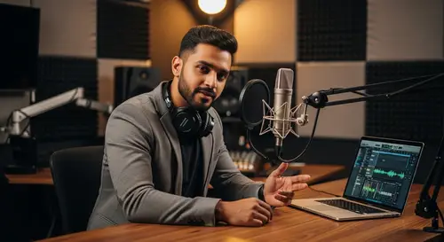 Experienced South Asian Male Podcaster in Modern Studio