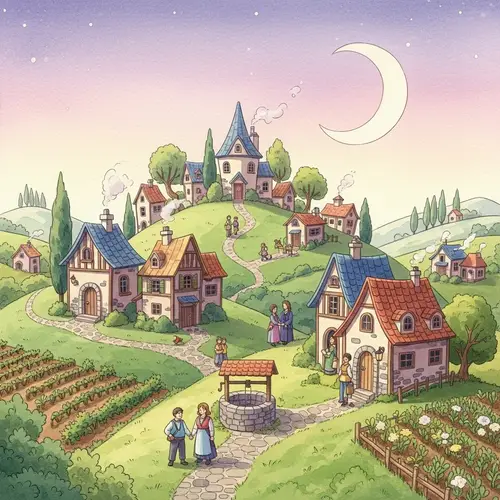 Surreal Dreamlike Watercolor Village Painting