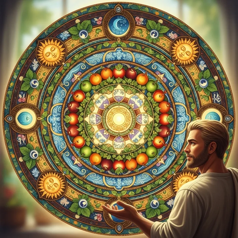 Mandala Holistic Life with Fruit Sun Moon & Man