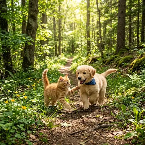 Cute Cat and Dog Playing in the Forest