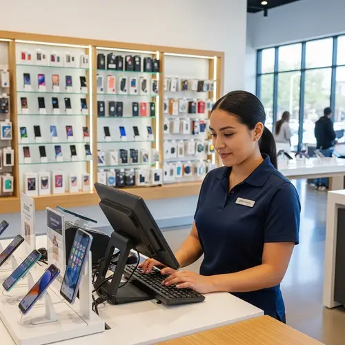 Hispanic Female Cashier at Mobile Phone Store | POS Terminal