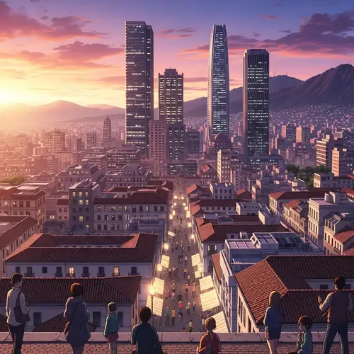 Anime-style Bogotá Cityscape at Sunset