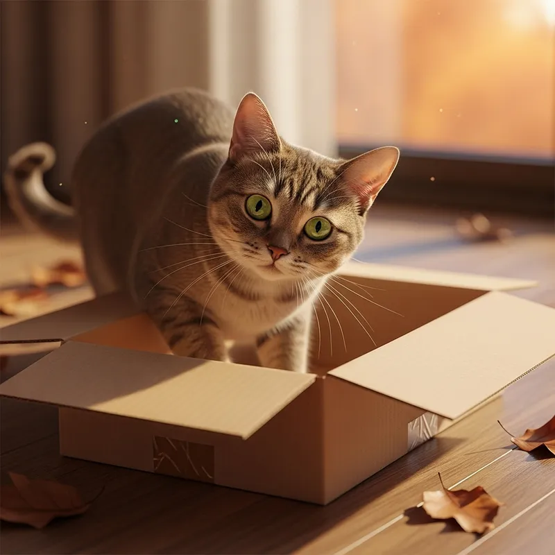 Fluffy Chocolate-Colored Cat in Cozy Box
