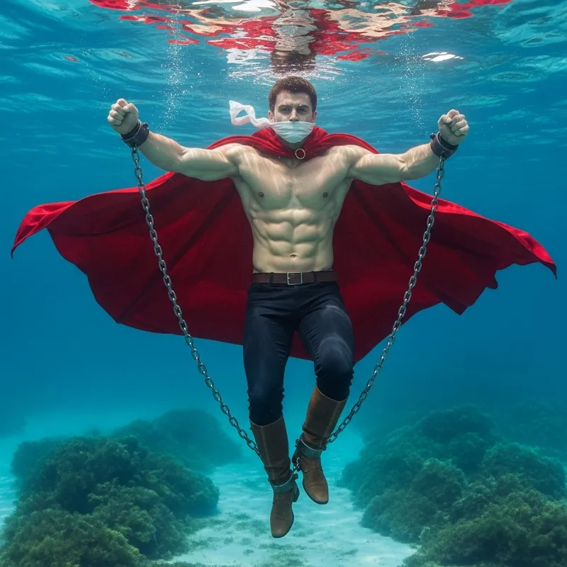 Struggling Shirtless Prince in Red Cape Submerged Underwater
