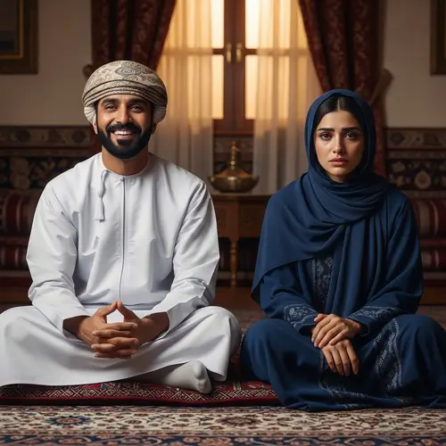 Traditional Omani Couple: Joyful Man and Sad Wife in Decorated Room