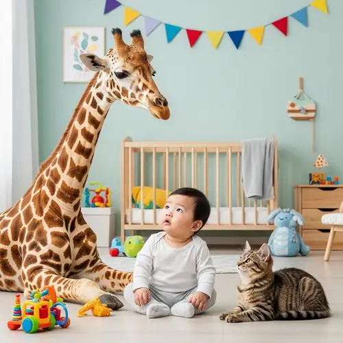 Baby with Giraffe and Cat: Heartwarming Nursery Scene