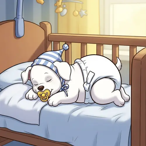 Adorable White Cartoon Puppy in Diapers Sleeps Peacefully