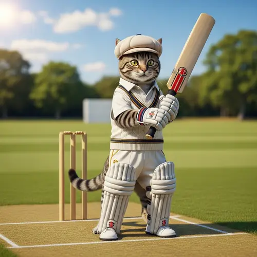Sporty Cat in Cricket Attire Ready to Play | Unique Content