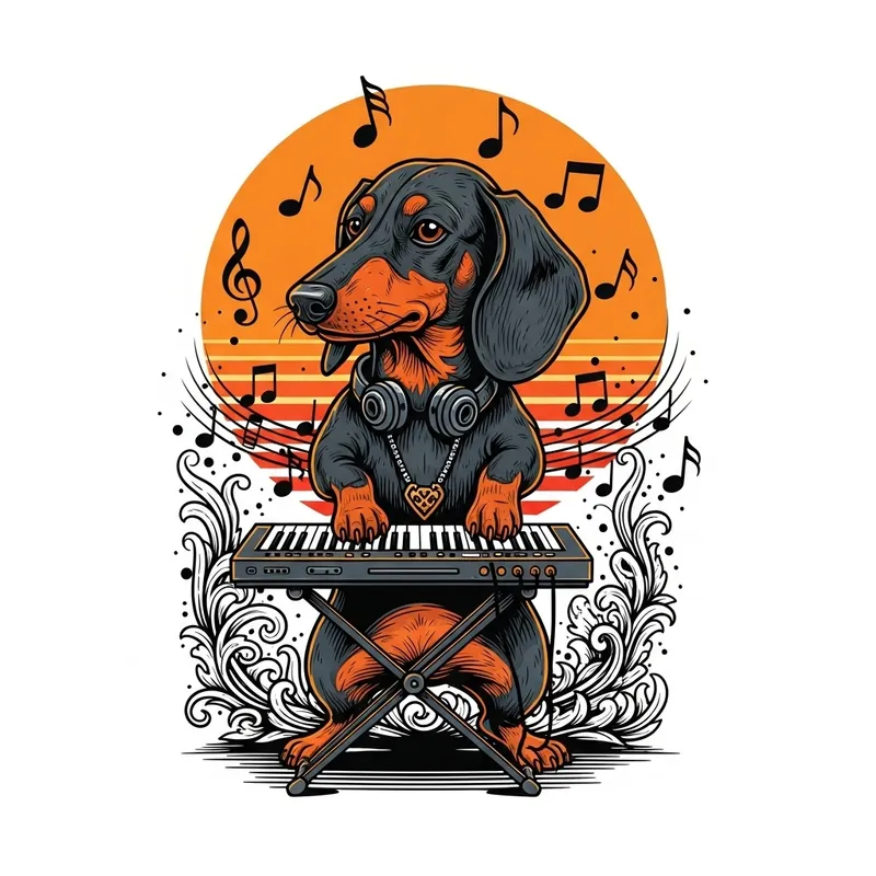 Retro Dachshund Keyboard Symphony | Neon 80s Comic Art