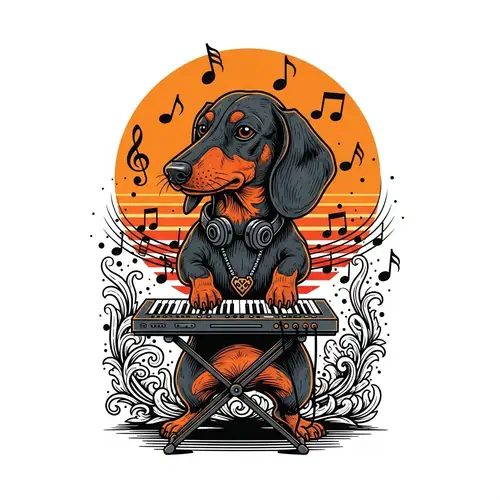 Whimsical Dachshund Keyboard Performance | Retro Gothic Art Style