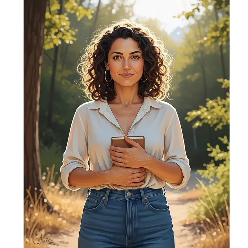 Realistic Portrait of a Confident Woman in Tranquil Natural Setting Realistic Portrait of a Confident Woman in Tranquil Natural Setting