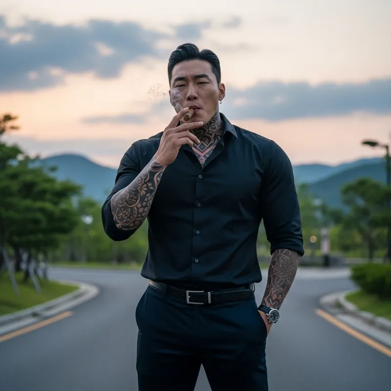 Confident Korean Male Government Official with Tattoos Smoking