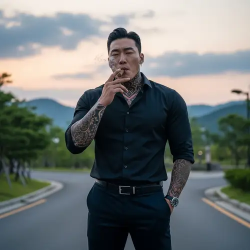 Muscular Korean Male Government Official Smoking