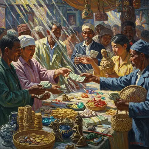 Captivating Impressionist Art of Diverse People Trading Currency