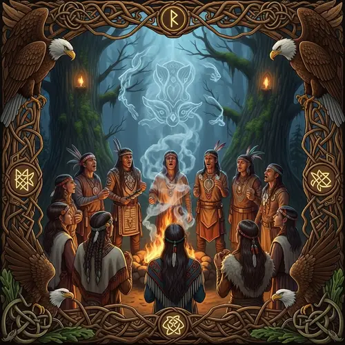 Shamanic Circle of Chanters with Eagles Perched - Spiritual Singing