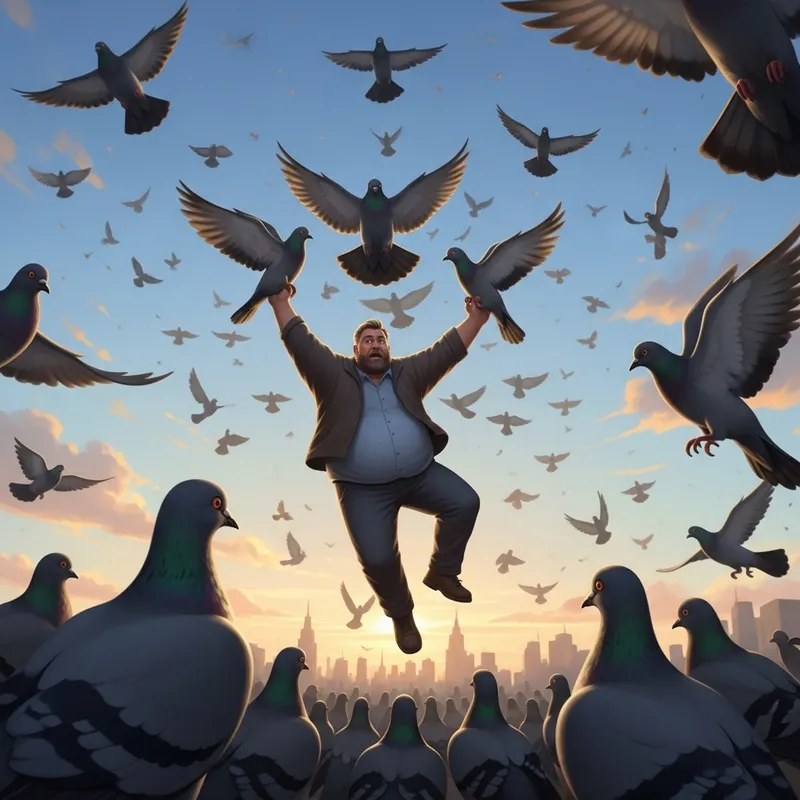 Angry Pigeons Carry Big Man Away
