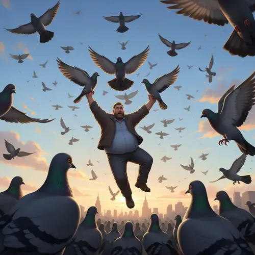 Angry Pigeons Carry Big Man Away