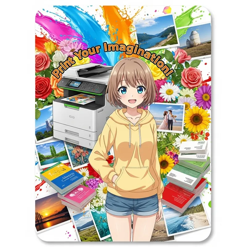 Vibrant Anime Poster with Printer and Typo Elements