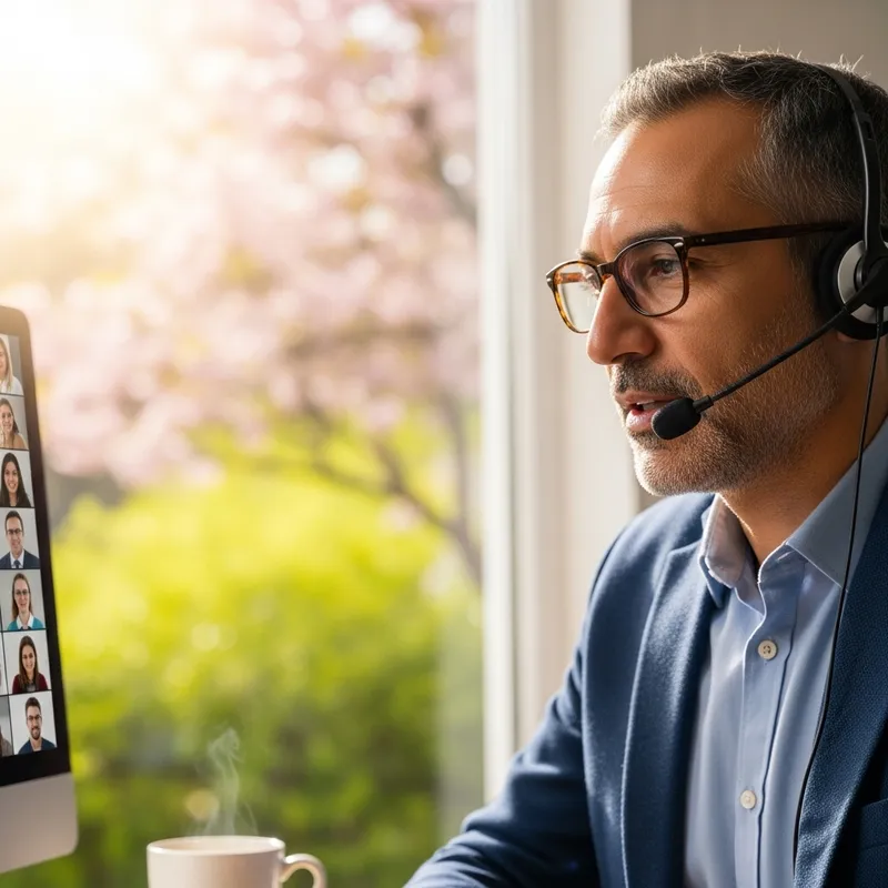 Hispanic Professor Attending Online Conference in Springtime Sunshine