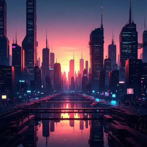 Futuristic Neon Cityscape at Sunset - Cyberpunk Imagery