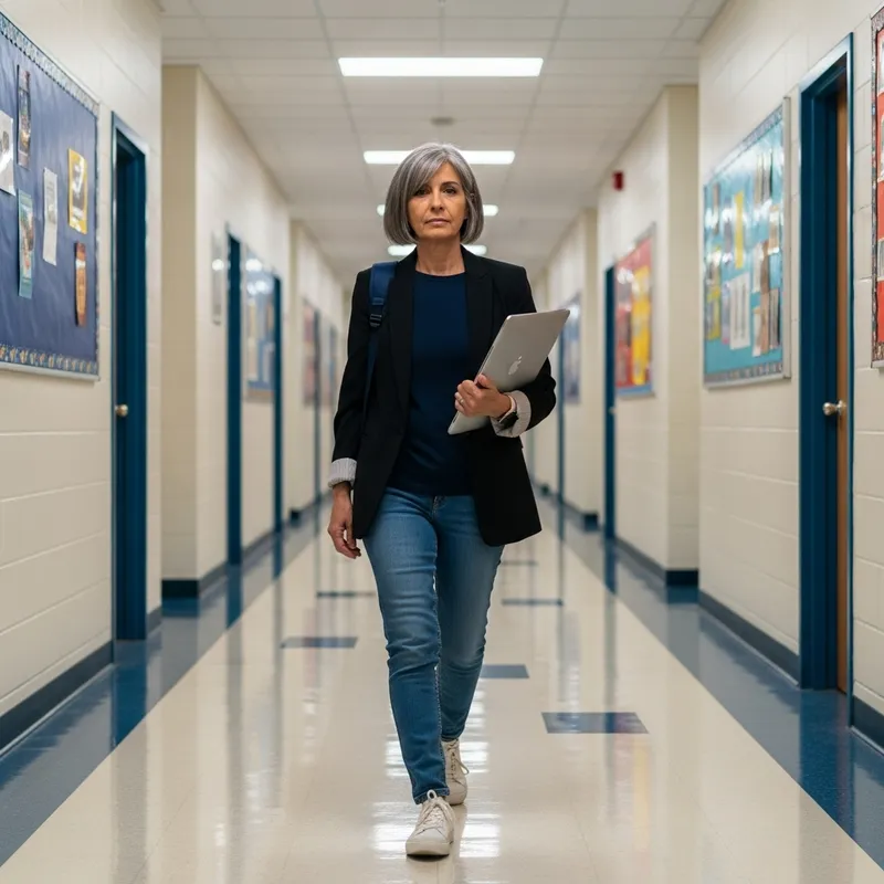 History and Geography Teacher in Jeans and Black Blazer | White Sneakers | Short Grey Hair | 55 Years Old