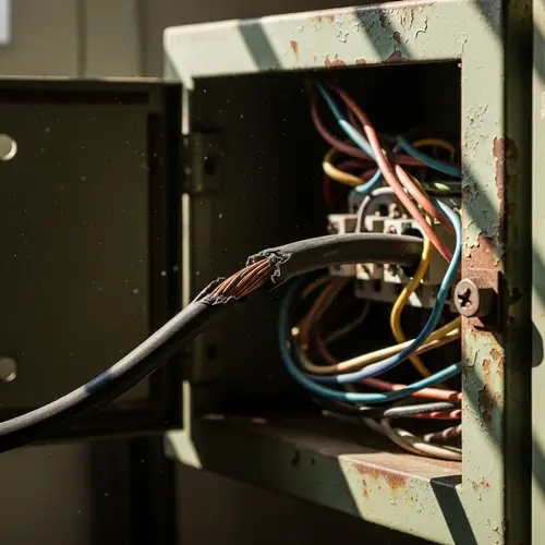 Vintage Electrical Cabinet with Weathered Green Metal and Tangled Wires
