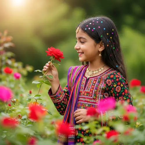 Young South Asian Girl in Traditional Attire with Red Rose in Lush Garden
