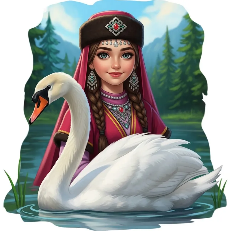 Captivating Circassian Girl with Swan Art in Enchanting Forest