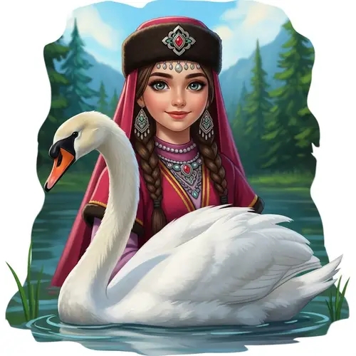 Captivating Digital Art of Young Circassian Girl with Swan in Enchanting Forest